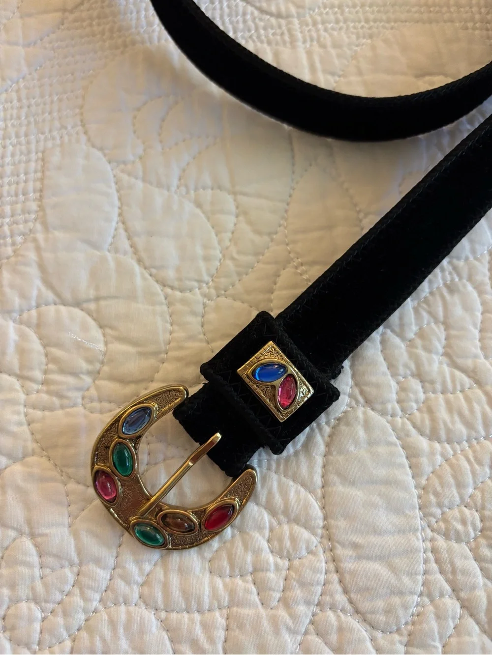 Vintage Black Women's Belt with Multicolor Stone Buckle